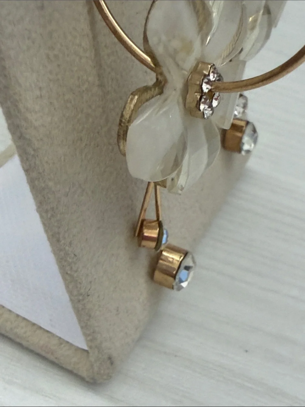 Gold Hoop Earrings with White Flower Drops and Crystal Accents